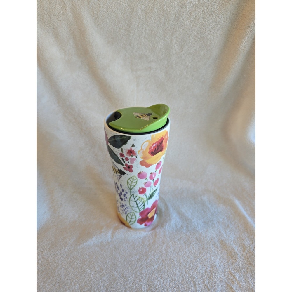 TAG Brand Ceramic Travel Mug W/ Bumblebee Lid Wildflower Botanical Floral Design